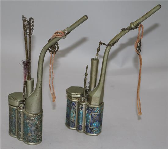 Two Chinese paktong and champlevé enamel waterpipes, c.1900, 26 and 27cm